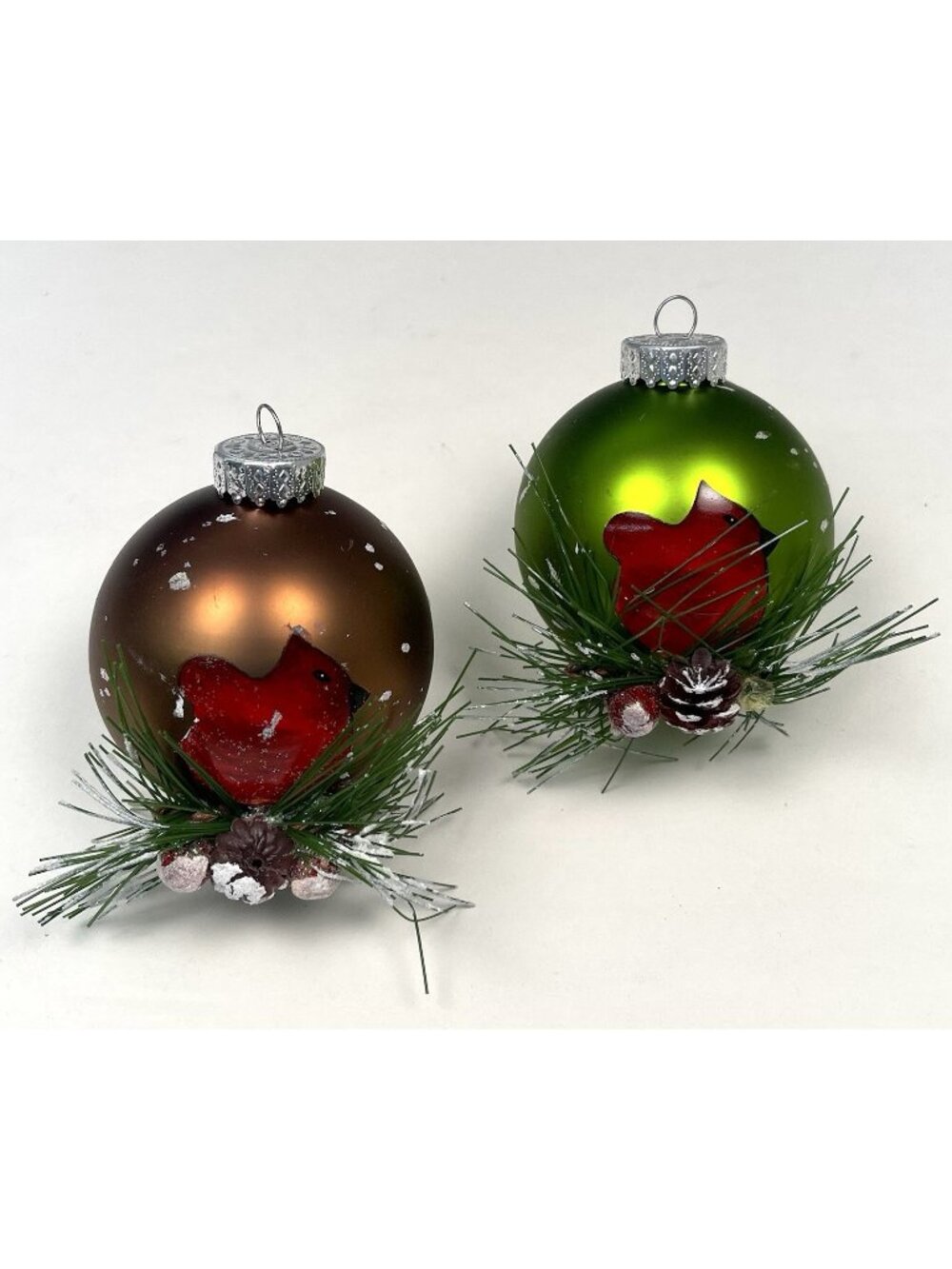 VTG Set 2 Handpainted Glass Ball CHRISTMAS ORNAMENTS Cardinal Bird Green Brown